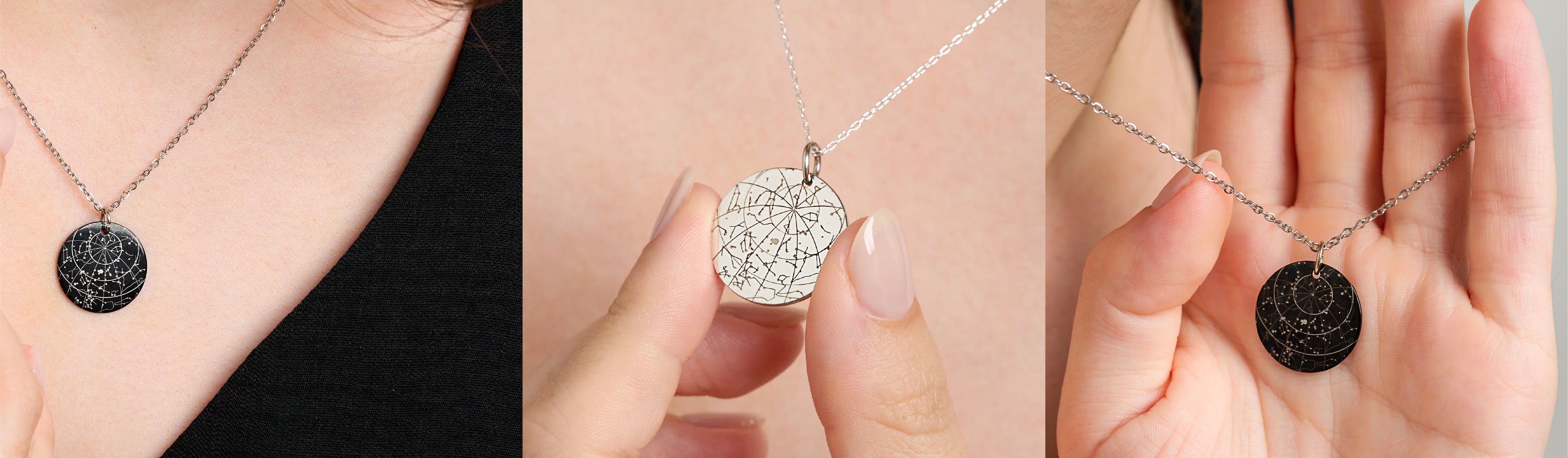 Maps for Moments - Engraved Silver and Black Star Map Necklaces