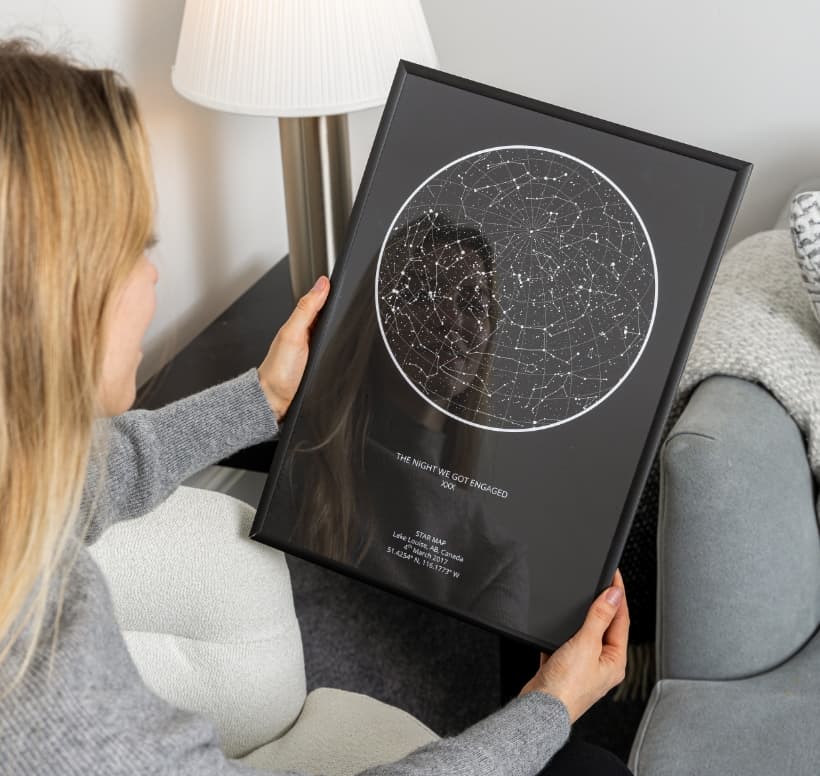 A woman holding a framed picture of the night sky
